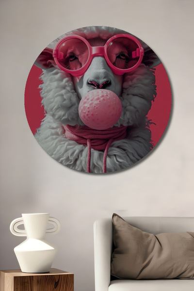 Teona Ahşap Şeker Pembe Gözlüklü Sakız Patlatan Koyun Modern Sanat Ahşap Deko...