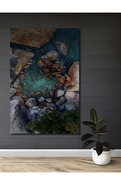 Teona Ahşap Kayalık Sahil Manzarası Yağlı Boya Görünümlü Ahşap Dekoratif Tabl...