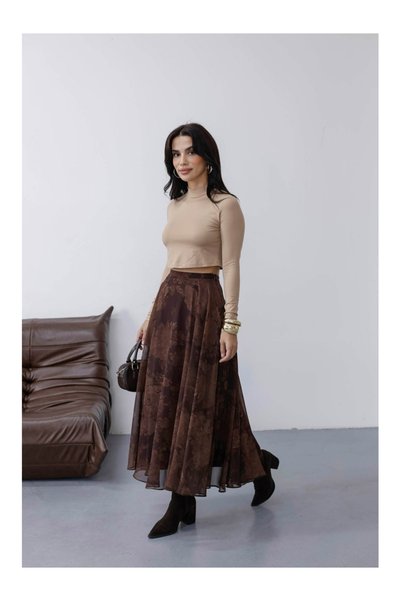 Elif Özbey Butik Kahverengi Çiçek Detaylı Şifon Etek