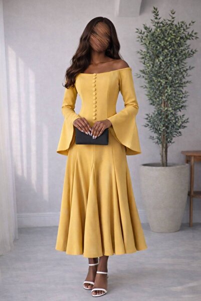 MILANORA Yellow midi dress with a soft cut