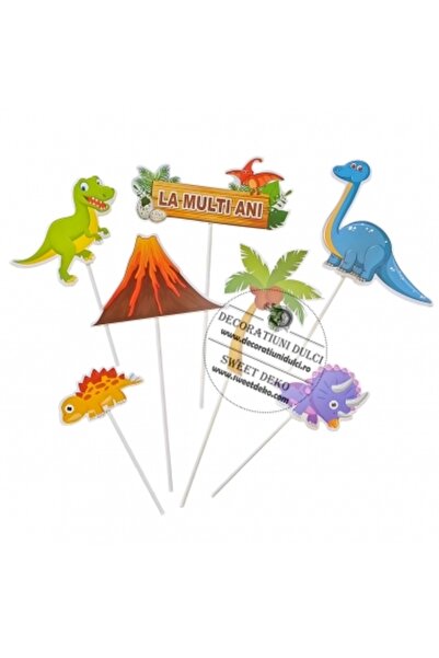 Decoratiuni Dulci Cake toppers din carton dinozauri si vulcan