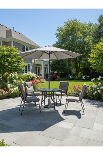 Bec4 Modern outdoor dining table set with umbrella and 4 comfortable chairs