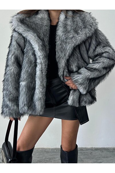 MyLook Açık Gri Beyaz Kırçıllı Premium Suni Kürk Ceket