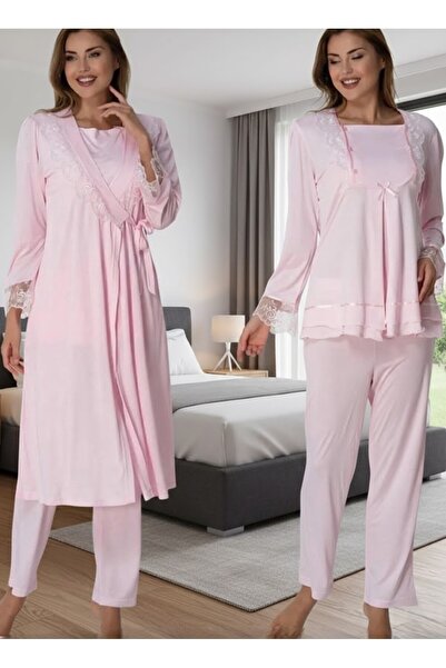 Lohusa Homewear طقم بيجامة نسائي وردي أنيق مزين بالدانتيل بأزرار وأكمام طويلة...