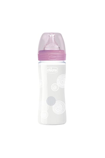 Chicco Glass Feeding Bottle 240ml 0m+ Silicone Teat Anti-Colic Baby Bottle Pink