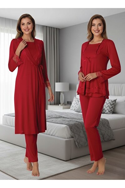 Lohusa Homewear Women's Fuchsia Elegant Lace Detailed Buttoned Long Sleeve Ma...