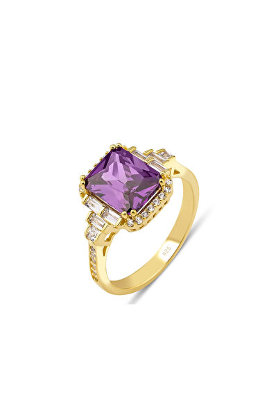KLAZOJEWELRY 925 Ayar Gümüş Üzeri 18 Ayar Altın Kaplama Ametist Tektaş Baget ...