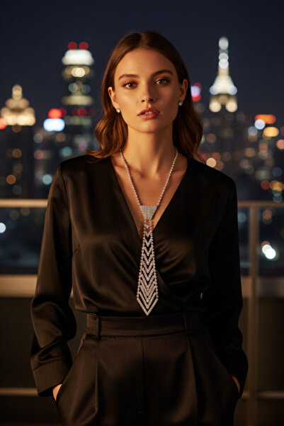 shop Gümüş Renk Taşlı Kravat Kolye - Işıltılı Kristal Detaylı V Kolye - Maskü...