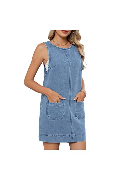 MISSUFE Denim Dress, AUKLETBLIEF, A-Line Midi Cut, With Pockets, Vintage, Black