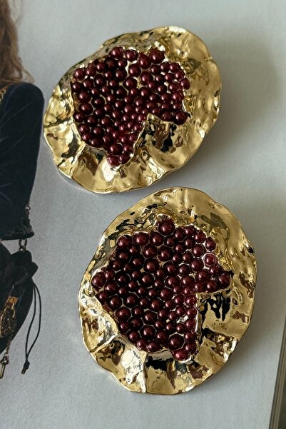 Trendy Butik Vip Coffee Beaded Plate Gold Earrings
