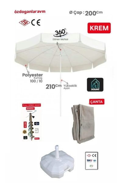 Saatistan Kamp Outdoor 200 cm Plaj Bahçe Balkon Şemsiye Taşıma Çantası ve Aks...