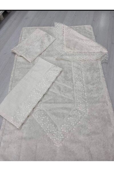 CALSR MAN Fransız Dantelli Kadife Seccade Takımı 5 Parça Çeyizlik Seccade Set...