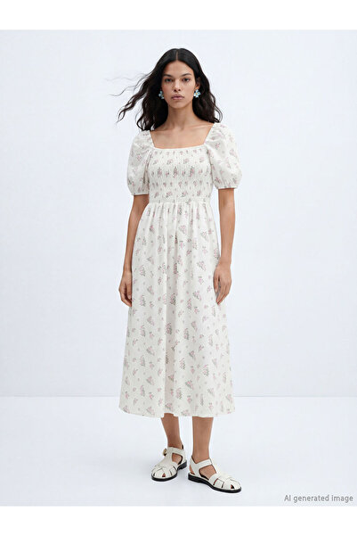 LC Waikiki Rochie roz din poplin cu decolteu bărcuță și mâneci bufante florale