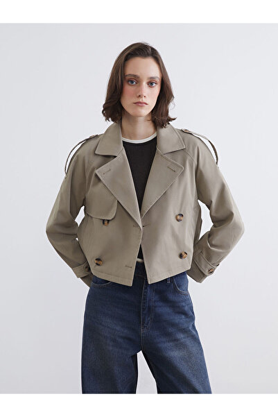 LC Waikiki Giyçık Store Khaki Double-Breasted Collar Crop Women's Trench Coat