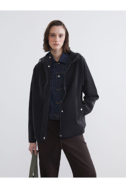 LC Waikiki Μαύρο με κουκούλα oversized Γυναικείο εφέ δέρματος Αδιάβροχο