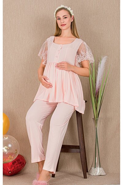 MOPİ Buttoned Hollow Out Collar Lace Sleeve Detailed Comfortable Maternity & ...