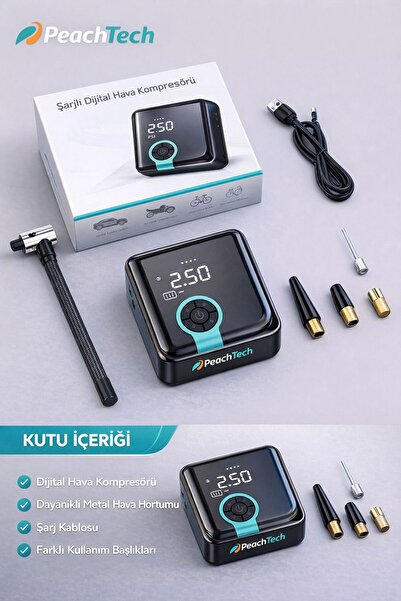 PeacHTec Dijital Hava Kompresörü 250 PSI Şarjlı Lastik ve Top Şişirme Pompası...