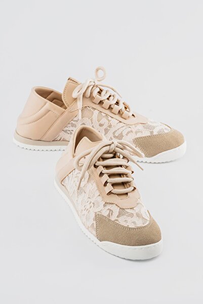 Mubiano Pantofi sport de damă cu detaliu din plasă, brodați cu flori, Floren Bej
