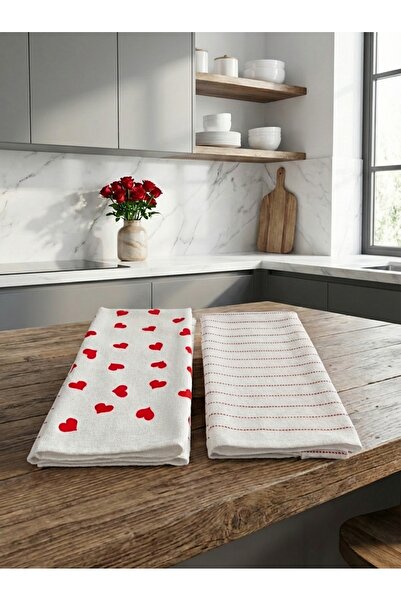 FERAY TEXTILE 4’lü Mutfak Bezi & Kurulama Havlusu Seti – Kalpli Desenli & Kır...