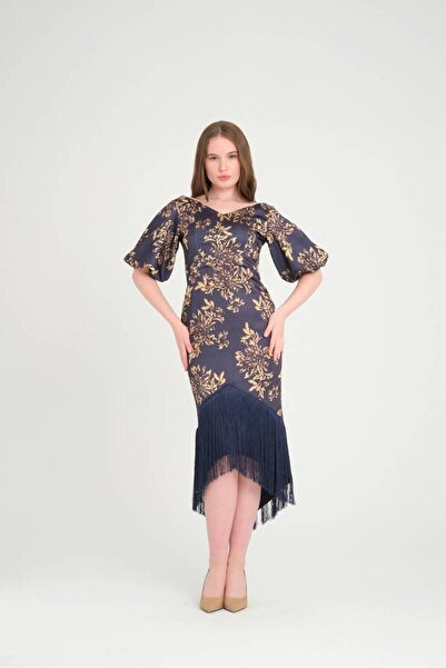 Stylish Elegant navy blue maxi dress with fringe