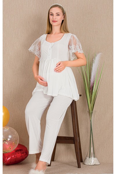 MOPİ Buttoned Hollow Out Collar Lace Sleeve Detailed Comfortable Maternity & ...