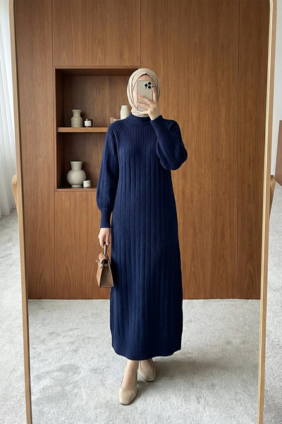 MODAQU Ribbed Long Knit Dress - Navy Blue