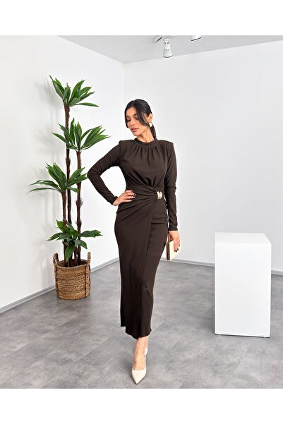 Mialora Hakim Collar Draped Robe Detailed Buckle Brooch Accessory Long Sleeve...