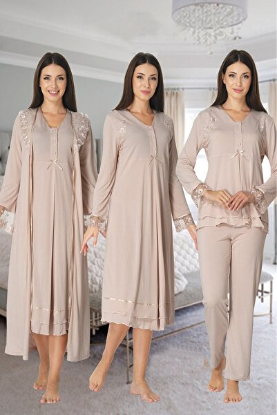 Lohusa Homewear Women's Milk Coffee Color Lace Stylish Long Sleeve Design Dre...