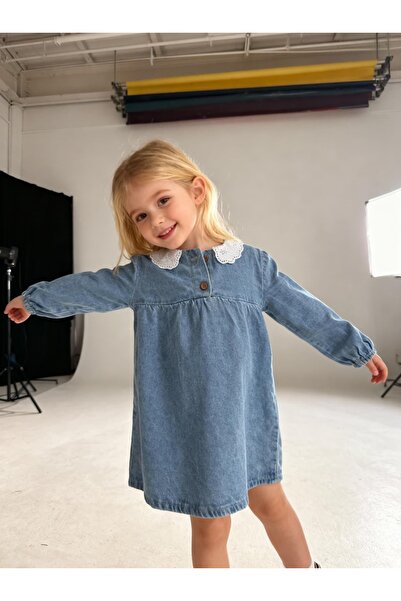 inebolu kids Kız Çocuk Dantelli Yaka Denim Kot Mavi Elbise
