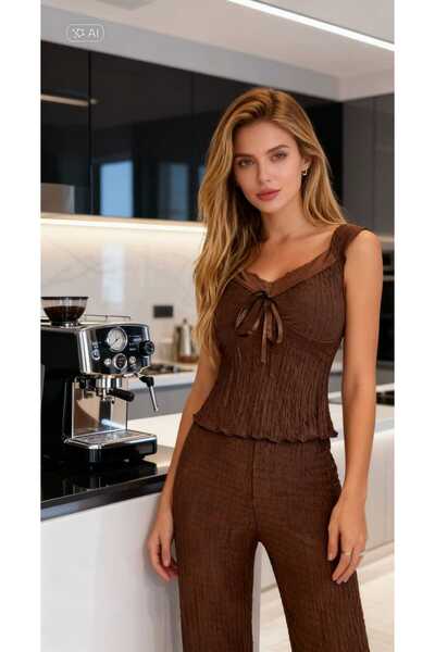 NiCe İç Giyim Brown Stylish Women's Pajama Set – Double-Breasted Collar, Ruff...