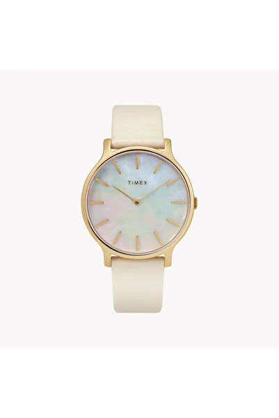 Timex Women's Off-White Leather Watch, Mother Of Pearl Dial | Tw2t35400
