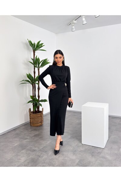 Mialora Hakim Yaka Drapeli Roba Detaylı Tokalı Broş Aksesuarlı Uzun Kollu Kad...