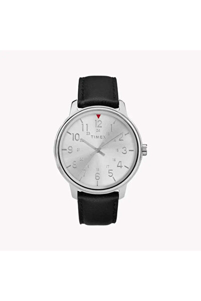 Timex Men's Black Leather Watch, Silver Dial | Tw2r85300