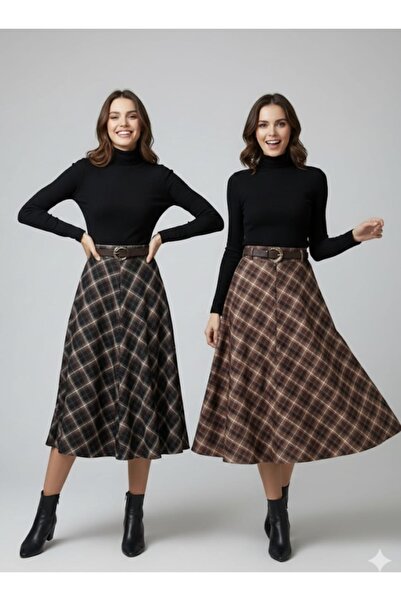 Mrym Boutique Kloş etek kareli kahve rengi