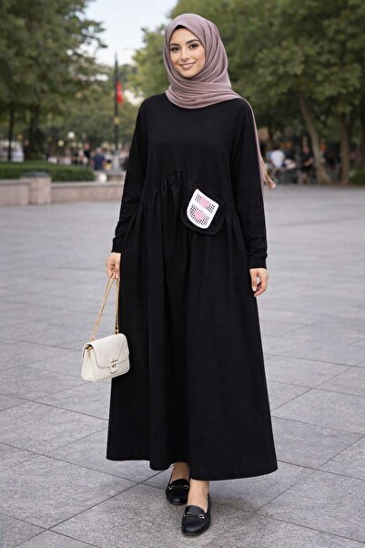 Esra Butik78 Kadın Siyah Cepli Uzun Tesettür Elbise – Günlük Rahat Kesim, Kal...
