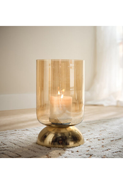 Generic حامل شموع عمودي زجاجي لامع من أكورد بقاعدة معدنية - 15 × 15 × 27 سم