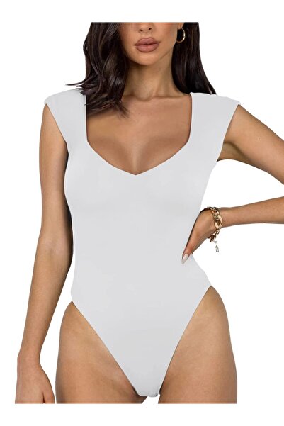 REORIA REORIA Women's Bodysuit, V-Neck Double Padded, Sleeveless, White XXL