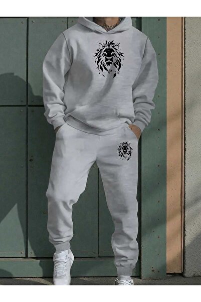tkn your style Erkak Alt Üst Set Lion Fashion Print Design Hooded Sweatshirt