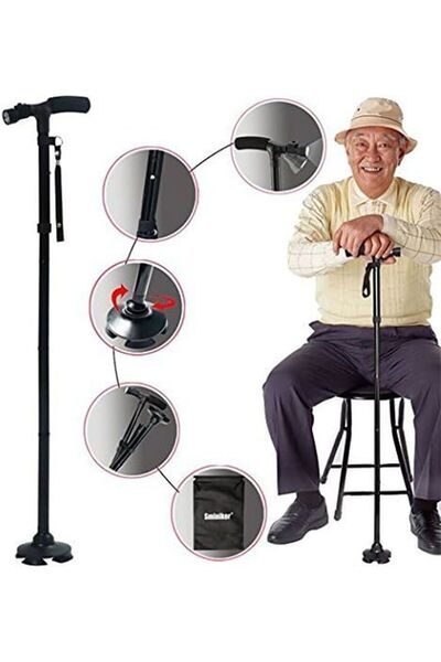 Saatistan Katlanabilir Işıklı Yürüyüş Bastonu, Kaymaz, Vantuzlu, Destekleyici