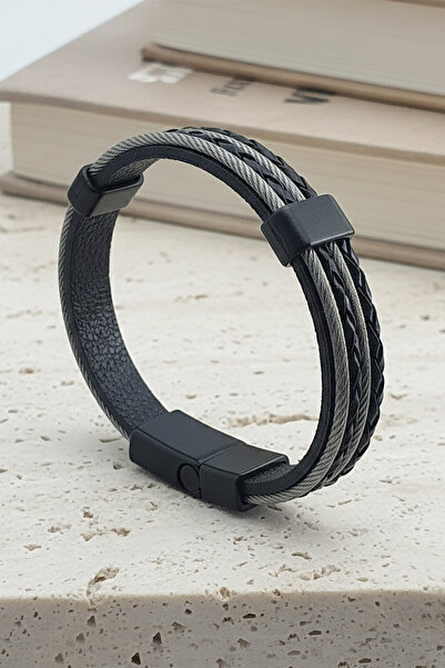 VAOOV Four Rows of Black Leather Men's Bracelet with Steel Rope Detail