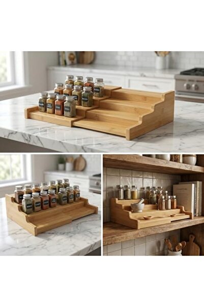 Yıldızan 4 Basamaklı Genişletilebilir Bambu Baharatlık Standı - Çekmece İçi v...