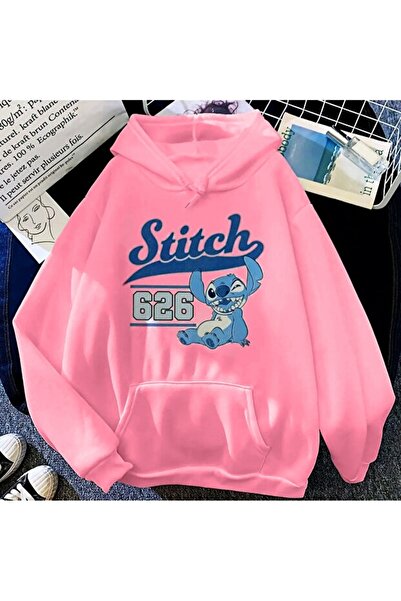 Elvino Unisex Pembe Stitch Baskılı Kapüşonlu Oversize Sweatshirt Hoodie