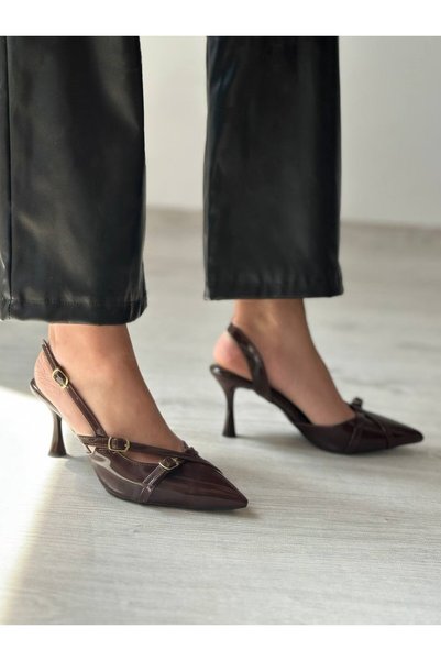 SHOEBOURNE Brown Patent Leather Pointed Toe Heeled Shoes with Thin Belt Detail