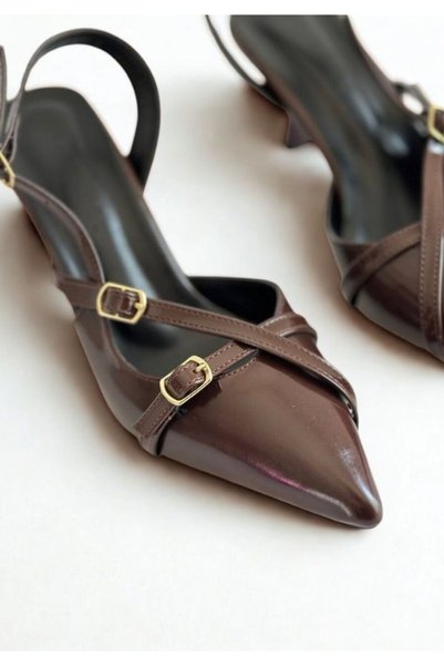 SHOEBOURNE Brown Patent Leather Pointed Toe Heeled Shoes with Thin Belt Detail