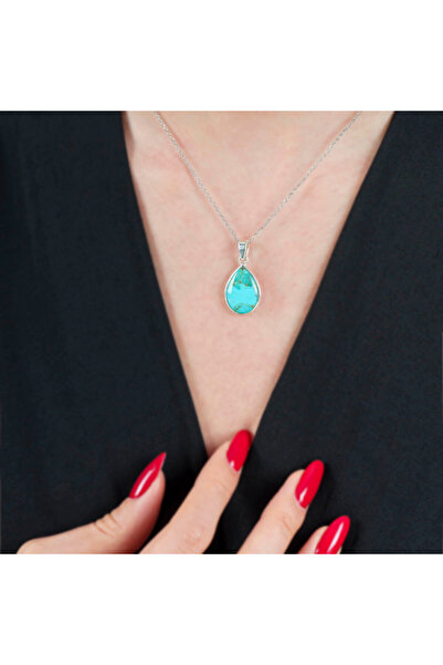 Mireza Jewelry El İşçiliği Gümüş Firuze (Turkuaz) Taşlı Damla Formlu Kolye