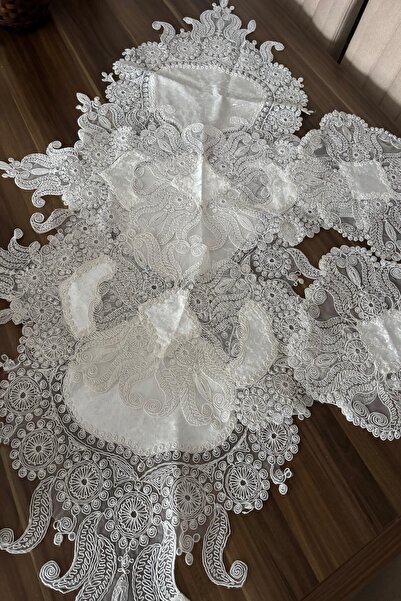 zarafet concept Salon Takımı 5 Parça Dantelli Kadife Ekru Masa Örtüsü Runner ...