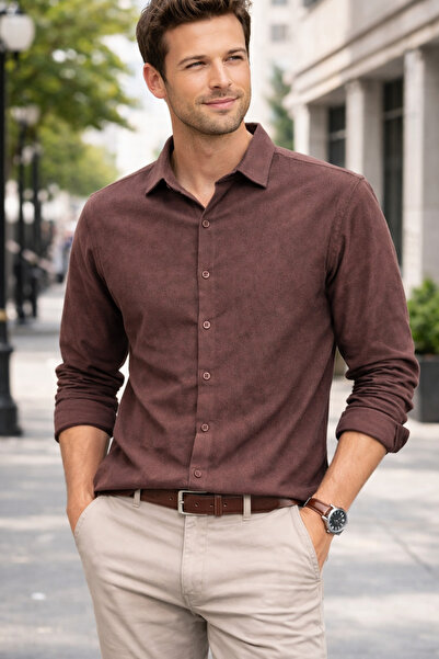 EMPEROR APPAREL Erkek Bordo Kahve Uzun Kollu Süet Gömlek
