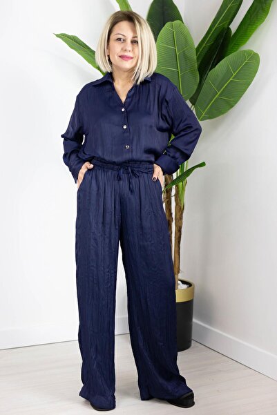 SİSTA MODA 9514 Kraşli, Satin Suit with Wide-Leg Pants and Shirt