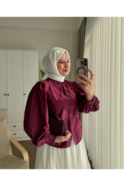 Trenddolabı Kadın Etek Üstü Balon Kol Tesettür Kısa Gömlek