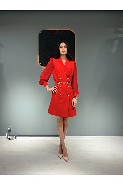 Bianco Kırmızı Kruvaze Yaka Gold Düğmeli Kemerli Ceket Elbise